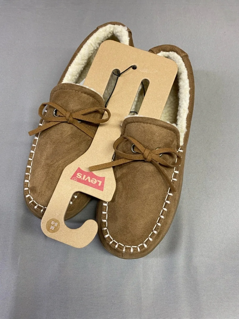 Levi's Men Chestnut Brown Suede Moccasin Slippers Shearling Trim Size M 8-9 NWT